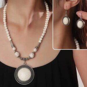 Bohemian Necklace & Earring Set Synthetic White Turquoise & Silver Electro-Plate